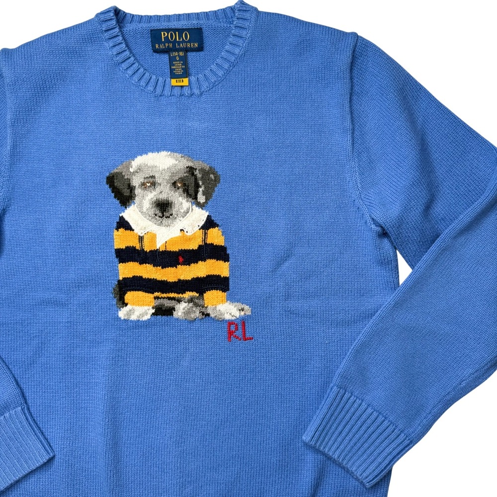 Polo Ralph Lauren Dog Intarsia Sweater Kids L 14-16 Blue rugby preppy Ivy League